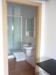 a bathroom with a toilet and a sink at Pensión-Albergue Puente Ribeira in Sarria
