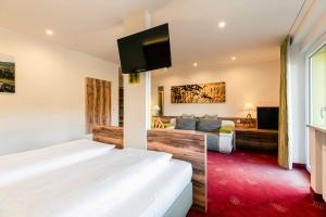 um quarto de hotel com duas camas e uma televisão de ecrã plano em Landhotel GrünWies -Bonsai-Wellness Garni em Lohberg
