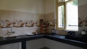 a kitchen with a counter and a sink and a window at Angela's Boutique Homes Dharamkot in Dharamshala