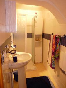 ein Badezimmer mit einem weißen Waschbecken und einer Dusche in der Unterkunft Le Perce Neige in Vaujany