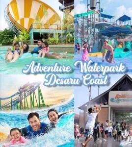 un collage de fotos de un parque acuático y un parque de atracciones en Desaru Sweet and Cozy Home,11pax, Mini Pool, Beach ,Waterpark, Wifi, BBQ, en Bandar Penawar