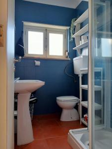 La salle de bains bleue est pourvue de toilettes et d'un lavabo. dans l'établissement casal do melro, à Ericeira