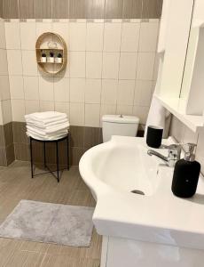 a white bathroom with a sink and a toilet at Belvedere garden in Kastoria