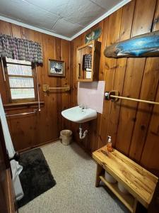 bagno con lavandino e parete in legno di Red Tree Resort LLC a Phillips