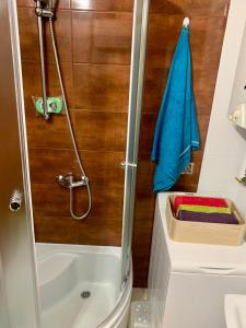 a bathroom with a shower with a toilet and a sink at Apartament Joanna 2 parter in Gliwice