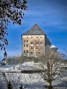 莫斯堡的住宿－Schloss Moosburg Gästehaus，雪中山顶上的大型建筑