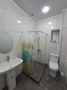 a bathroom with a shower and a sink and a toilet at КВАРТИРА 124 in Yerevan