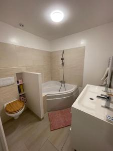 a bathroom with a tub and a toilet and a sink at Bel Appartement Grande Terrasse avec parking à Dijon in Dijon