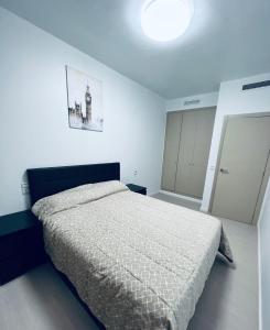 a bedroom with a bed with a white comforter at Apartamento Coman Av Rey Juan Carlos I in Torrent