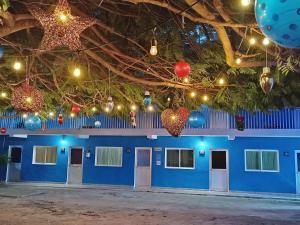 a blue building with christmas lights and christmas decorations at Blue Coconut Cancun Hotel in Cancún