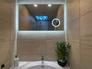 a bathroom with a sink and a mirror at Themenpartment Penthouse in Gelsenkirchen