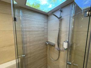 a bathroom with a glass shower with a skylight at Themenpartment Penthouse in Gelsenkirchen