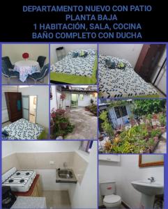 un collage de fotos de una cocina y un baño en Departamento nuevo sector jipijapa por la plaza de toros Quito,planta baja, con patio, totalmente independiente, para 2 personas, en Quito