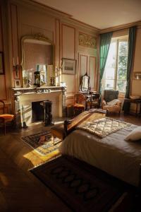 ein Schlafzimmer mit einem großen Bett und einem Kamin in der Unterkunft Château de Bouillancourt en Sery in Bouillancourt-en-Séry