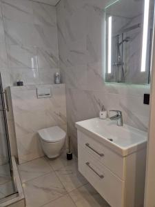 La salle de bains blanche est pourvue de toilettes et d'un lavabo. dans l'établissement Parko nauji apartamentai, à Panevėžys