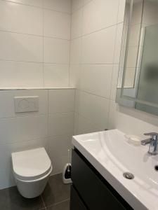 a white bathroom with a toilet and a sink at Auf der Alm 21 N.5 in Baden-Baden