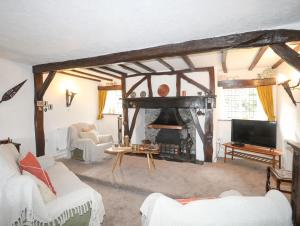 a living room with a fireplace and a tv at Morfa Lodge in Porthmadog