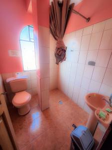 La salle de bains est pourvue de toilettes et d'un lavabo. dans l'établissement HOSTAL Luz YHOBIMAR, à Copacabana