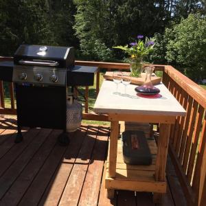 a grill and a picnic table on a deck at Cozy ,artistic cottage in a garden setting close to the beach and hiking trails. in Powell River