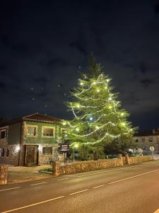 een kerstboom met lichten aan de straatkant bij Las Cavernas Del Bisonte in Santillana del Mar