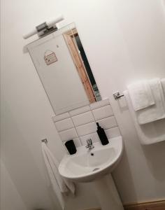 bagno con lavandino, specchio e asciugamani di Loughcrew View Bed and Breakfast a Kells