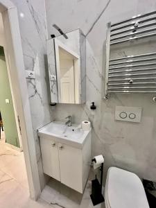 La salle de bains est pourvue d'un lavabo, de toilettes et d'un miroir. dans l'établissement Casa Lorenzo, à Rome