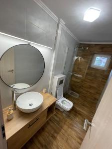 uma casa de banho com um lavatório, um espelho e um WC. em Mountain View em Sinaia