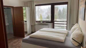 a bedroom with a bed and a large window at Pension Harzkieker in Altenau