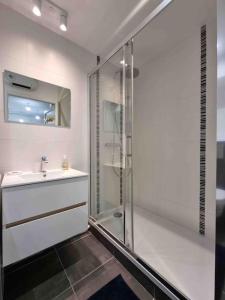 a white bathroom with a shower and a sink at Le Bon Quai in Grenoble