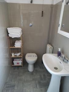 bagno con servizi igienici bianchi e lavandino di Apartamentos Can bruguera 2 a Mataró