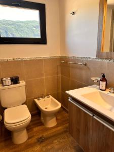 a bathroom with a toilet and a sink with a window at Complejo Camino al Lago in Lago Puelo