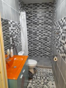 La salle de bains est pourvue d'un lavabo, de toilettes et d'une douche. dans l'établissement Mexico, à Albufeira