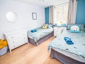 two twin beds in a room with blue walls at The Old Tanyard in Ingleton 