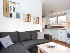 een woonkamer met een bank en een keuken bij Holiday Home Haregade II in Hovborg