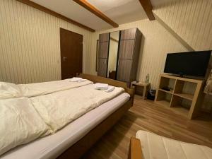 a bedroom with a bed and a flat screen tv at Beny Hotel Restaurant in Bad Bellingen