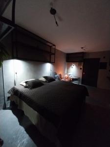 a bedroom with a large bed in a dark room at FLAT PALLADIUM - DE FRENTE - novo in São Vicente