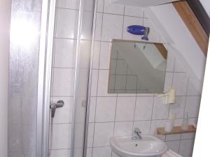 ein Bad mit einem Waschbecken, einem Spiegel und einer Dusche in der Unterkunft Hotel Garni Löhr in Landau an der Isar