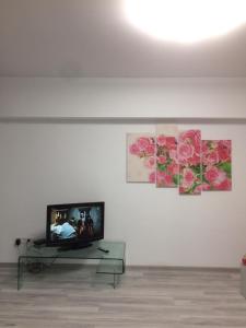 een woonkamer met een televisie en schilderijen aan de muur bij Квартира Юбилейный in Alma-Ata