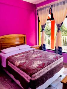 a bedroom with a bed with pink walls and a window at Hotel Adulam in San Pedro La Laguna