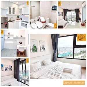 a collage of photos of a bedroom and a bathroom at căn hộ 1 ngủ có 2 giường, view hồ in Gia Lâm Pho