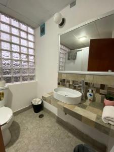 ein Badezimmer mit einem Waschbecken, einem WC und einem Spiegel in der Unterkunft Posada Catalina in Zacatlán
