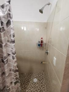 a bathroom with a shower with a toilet and a sink at La casita del árbol, amplia y cómoda en barrio familiar in Campeche