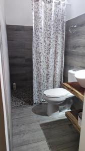 a bathroom with a toilet and a shower curtain at Casa Sixta in Puerto Escondido