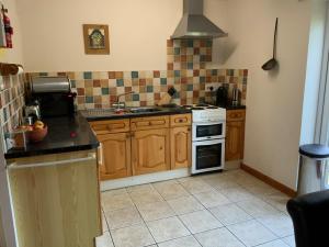 eine Küche mit Holzschränken und einem Herd mit Backofen in der Unterkunft Sherbourne Cottage, Seven Springs Cottages in Cheltenham + 6 Fotos