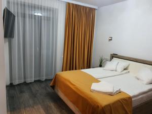 um quarto de hotel com uma cama e uma televisão em Vilă primitoare în Cihei ideală pentru grupuri. em Apateu