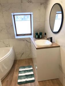 uma casa de banho com um lavatório e um espelho em Apartament Bianco Verde em Czestochowa