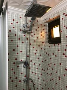 y baño con ducha de azulejos rojos y blancos. en Panormos Hotel, en Didim