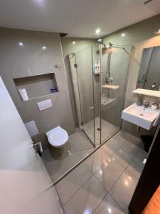 łazienka z prysznicem, toaletą i umywalką w obiekcie Central Studios w Pradze +37 zdjęć