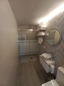 a bathroom with a toilet and a sink and a mirror at Casa Puerta de Almodovar in Córdoba