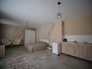 1 dormitorio con 1 cama y cocina con fregadero en Boutique Villas Murgavets Pamporovo, en Pamporovo